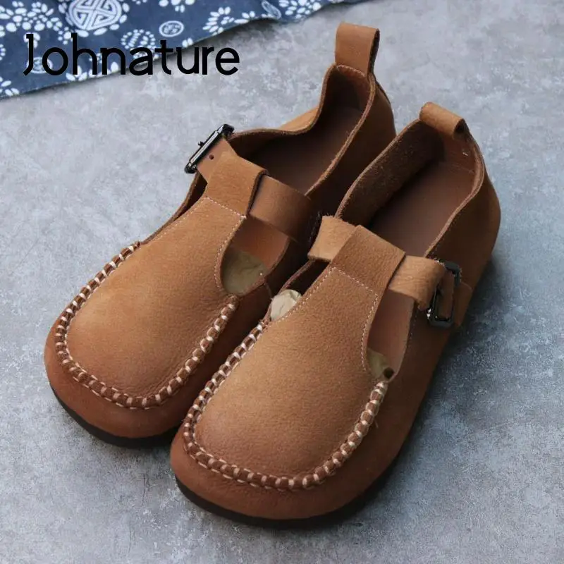 

Johnature Genuine Leather Flats Women Shoes Buckle Strap 2022 New Spring Autumn Shallow Casual Round Toe Leisure Ladies Shoes