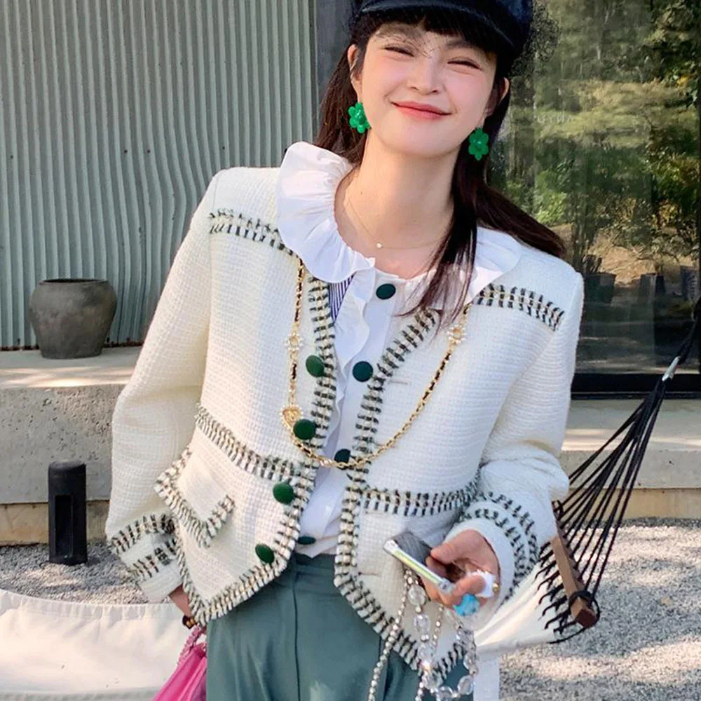 

Elegant Women's Spring Jacket Fashion New All-match Niche Design Trend Contrasting Colors Outerwear Female V-neck Woven Chic Top