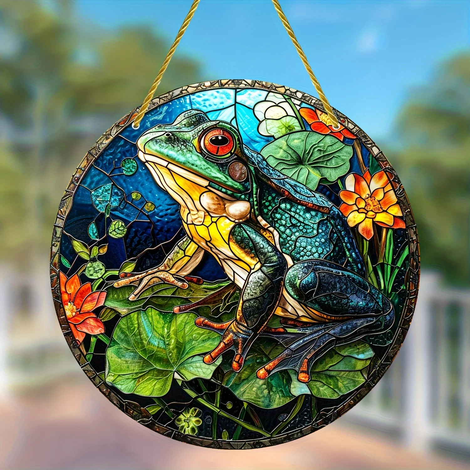 Żaba na liściach lotosu łapacze słońca w stylu vintage witraż wiszące okno prezent dla rodziny przyjaciół wystrój drzwi kolorowa sztuka