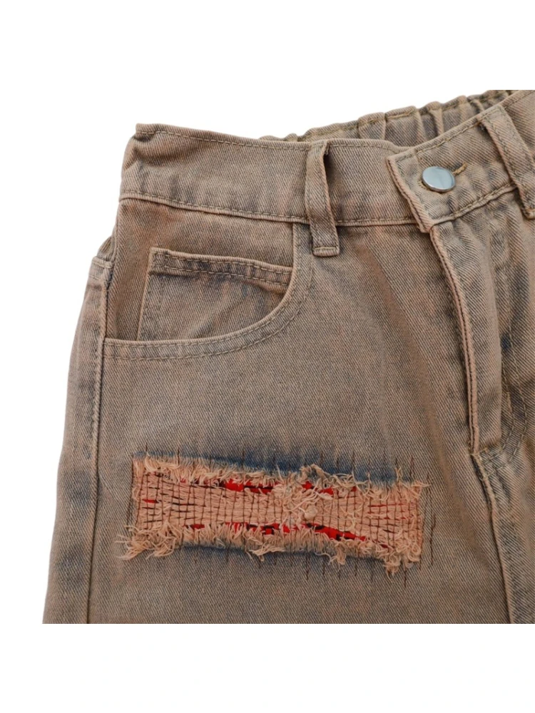 Patch Hole Casual Raw Edge Denim Shorts Summer New Retro Street Loose BF Frayed Wide-leg Neutral Five-point Pants Jeans Female