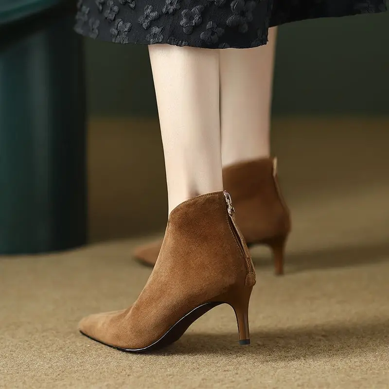 Ботильоны FHANCHU из нубука женские ботинки на высоком каблуке обувь осень/зиму с