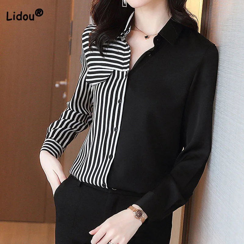 

Fashion Striped Patchwork Commute Button Shirt Office Lady Long Sleeve Turn-down Collar Casual Blouse Spring Women's Clothing