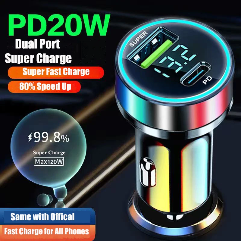 PD 20W Car Charger Super Fast Charge Adapter Type C USB 120W Portable for iPhone 14 Pro Max 13 12 11 iPad Airpods Xiaomi OnePlus