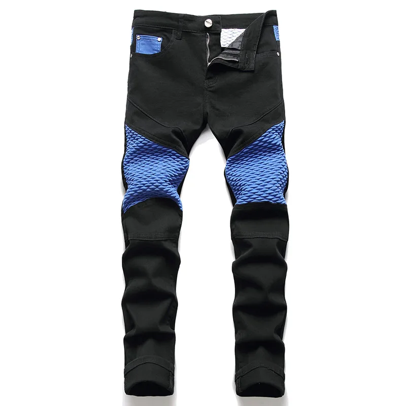 

Men's Biker Jeans Men Straight Slim Casual Denim Pants Motorcycle Pleated Stitching Black Streetwear Trousers Jean Homme 28-42