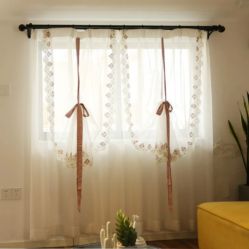 

Занавеска из вуали для декора спальни, занавеска с вышитыми деревенскими цветами на окно, белая кружевная Короткая занавеска, прозрачная др...