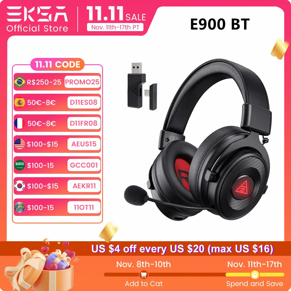 EKSA E900 BT 2.4GHz Wireless Bluetooth Headphones 7.1 USB/Type C Wired Gaming Headset Gamer with ENC Mic For PC/PS4/PS5/Xbox,50H