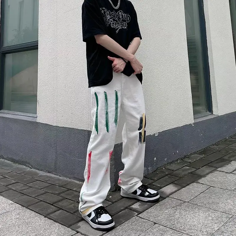Men's Jeans Ins Hip Hop Contrast Color Graffiti Print Jeans Y2k Korean Version Fashion Street Loose Straight Jeans Ins Hot Sale