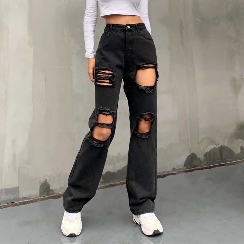 

Hole Ripped Women Distressed Black Jeans Casual Hip Hop High Waist Pants Capris Pocket Straight Ladies Bf Jeans Denim Trousers