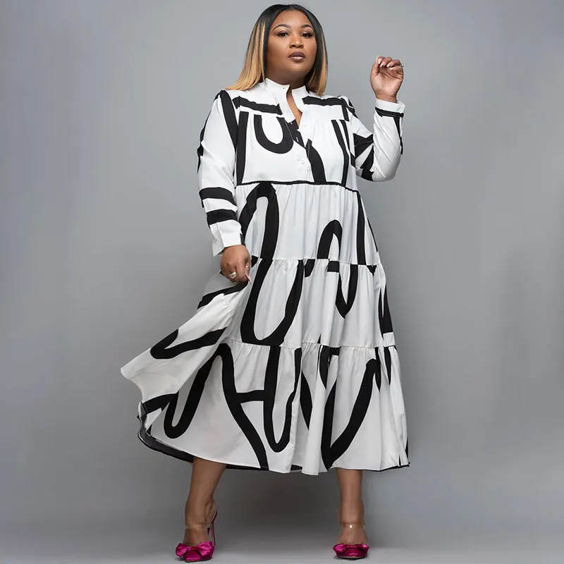 

Women Casual Dress for Summer Printed Pullover a Line Plus Size Curve Female High Waist Daily Workwear Long Maxi Robe 2022