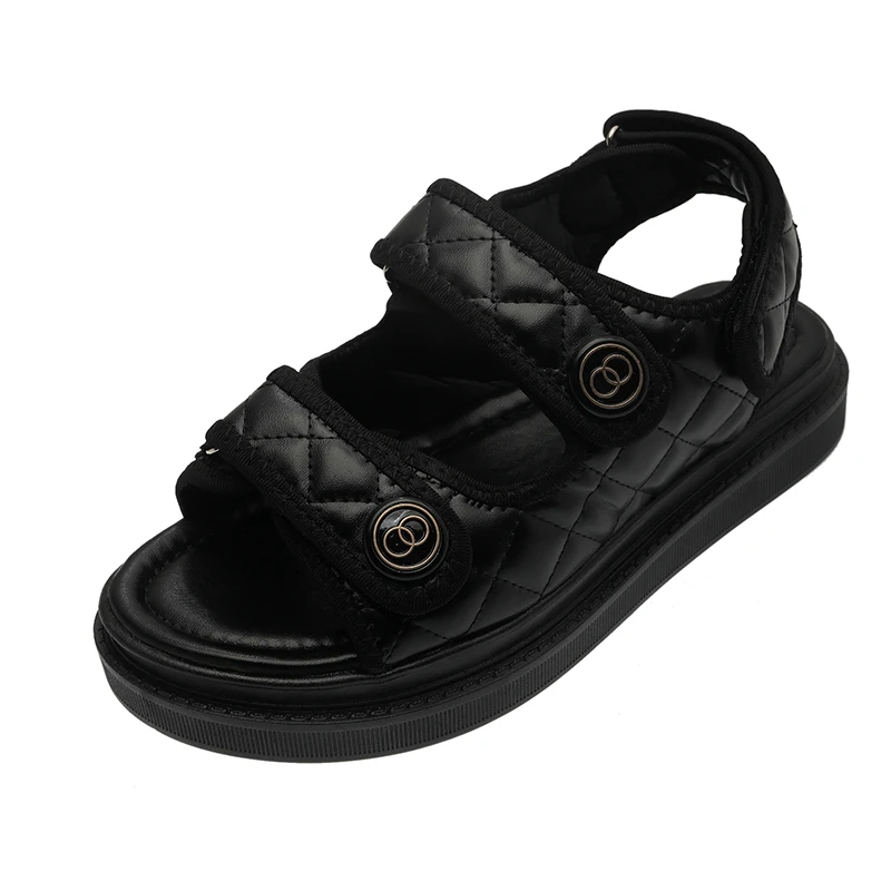 

2022 New Fairy Style Real Cowhide Thick-soled Flat-bottomed Women's Sandals Ins Tide Velcro Summer Sandals Women