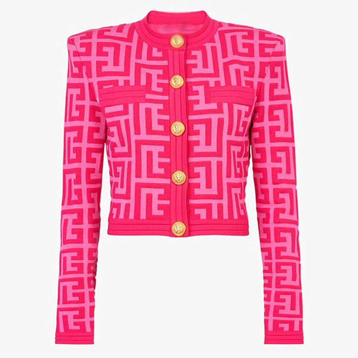 

High Quality New Fashion Maze Picture Color Contrast Round Neck Single Breasted Long Sleeve Knitted Top Coat
