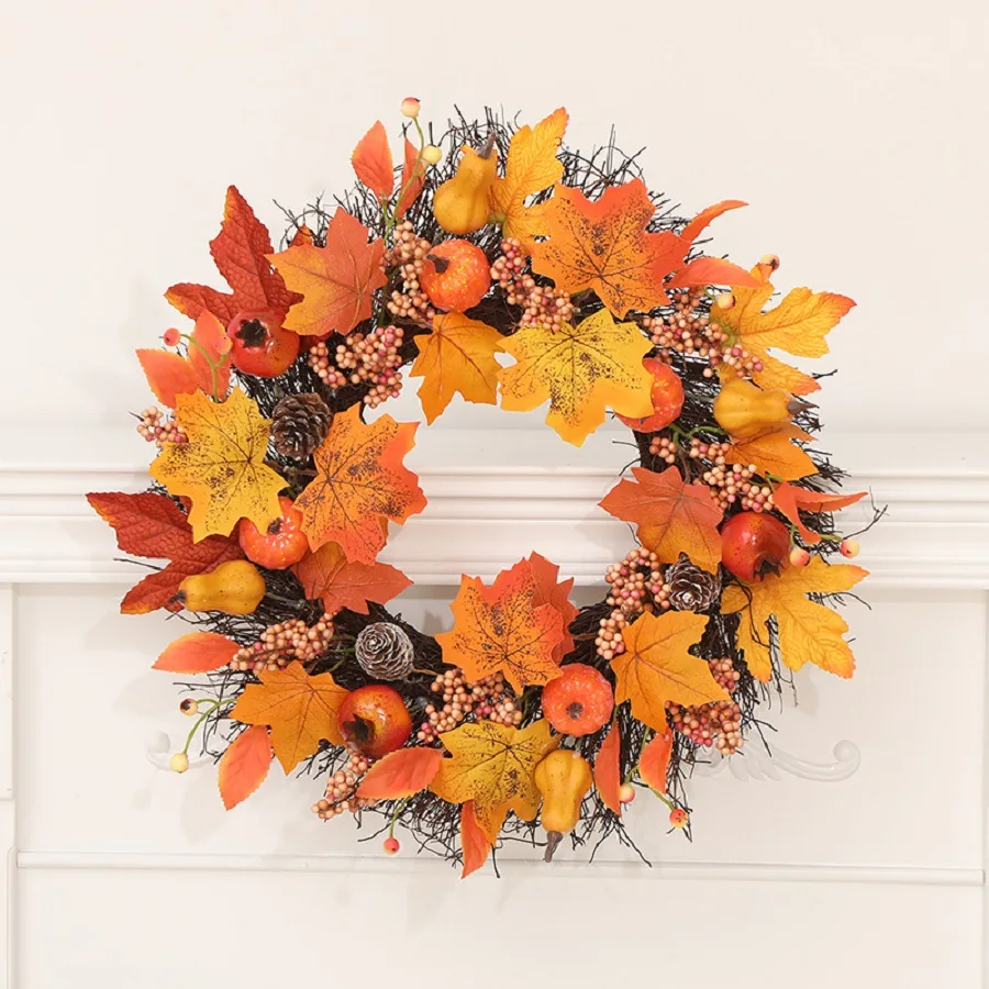 

Autumn Door Wreath Christmas Halloween Decoration Pumpkin Berry Pine Cone Maple Artificial Wreath Cloth Rattan Home Decoration