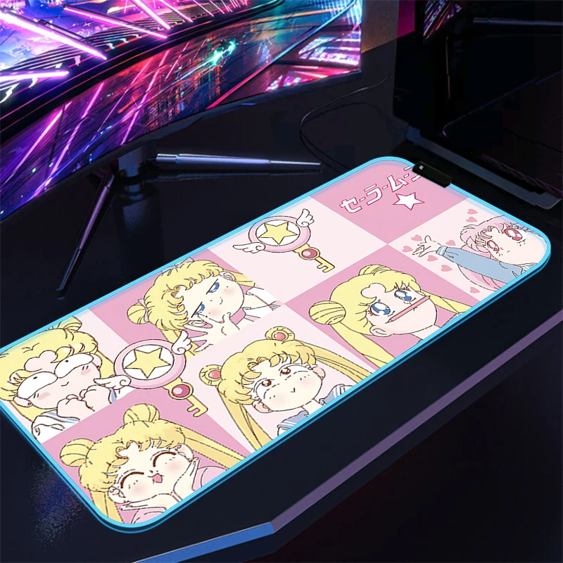 

Mousepad Xxl Gaming Mouse Pad LED Pc Gamer Accessories Pink Sailor Moon RGB Backlit Desk Mat Keyboard Large Anime Extended Mice
