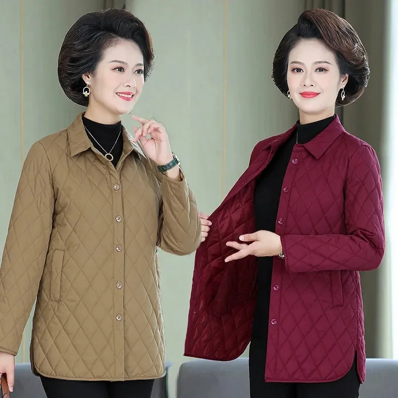 

2022 Autumn Winter Jacket Middle-aged Women Light Thin Quilted Cotton Coat Shirt Style Warm Tops Female Oversize Padded Overcoat