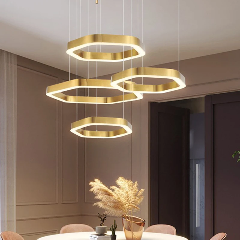 

Stainless steel polygon chandelier,RC adjustable light color,modern special-shaped chandeliers with customized height and length