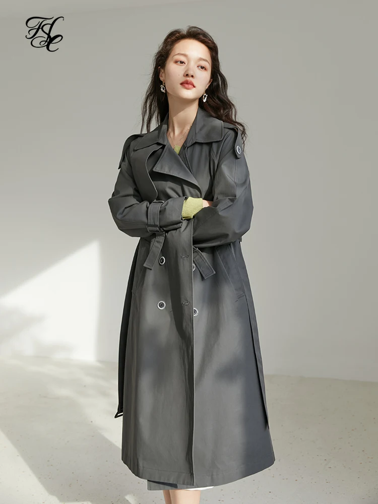 FSLE Turn-down Coollar Full Sleeve Trench High Waist Single Breasted Coats Solid Office Lady Casual 2022 Spring New Trench