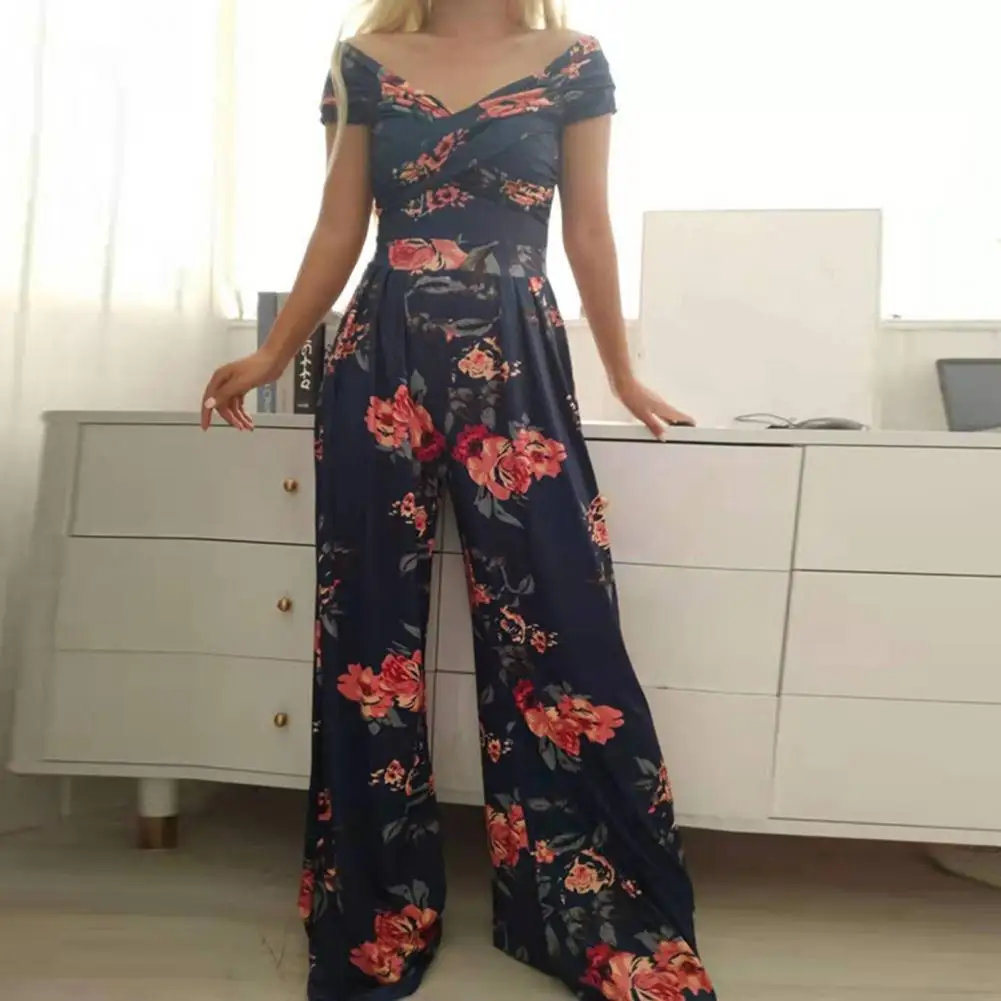

Women Romper Colorful Full Length Short Sleeve Leaf Pattern Easy to Match Print Tight Waist Deep V Neck Off Shoulder Jumpsuit