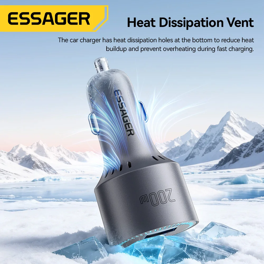 Автомобильное зарядное устройство Essager 200W с USB Type-C, QC 4.0, 3.0, PD 100W, быстрая зарядка USB-C для iPhone 17, 16, Macbook Pro, Huawei (art.: 3920dc0ddb644) - 3920dc0ddb644
