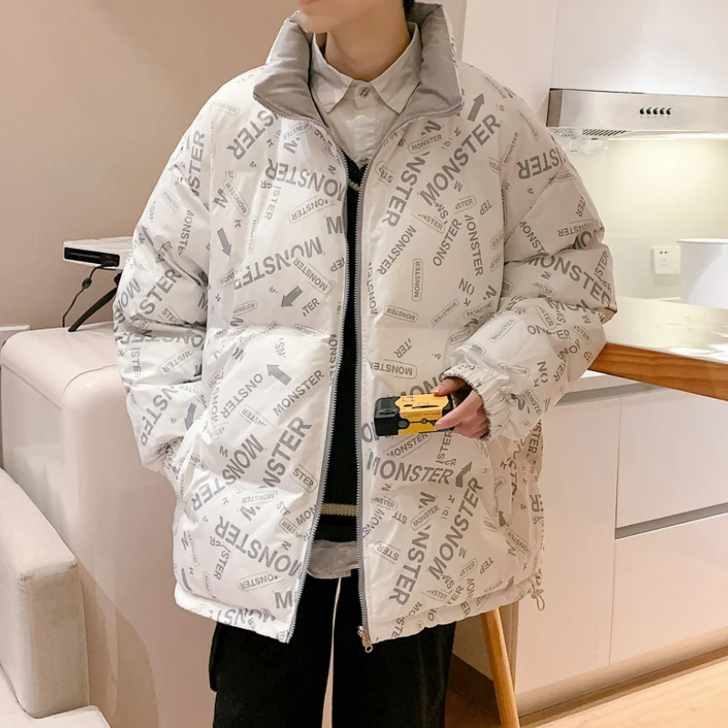 2022 New Style Reversible Thickened Padded Jacket Men's Autumn and Winter Loose Printed Padded Jacket Warm Padded Jacket