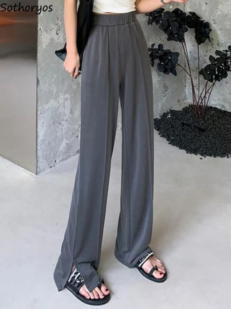 

Straight Casual Pants Women Side-slit Simple Daily All-match Classic Ulzzang Ladies Pure Popular Breathable Summer Loose Cozy