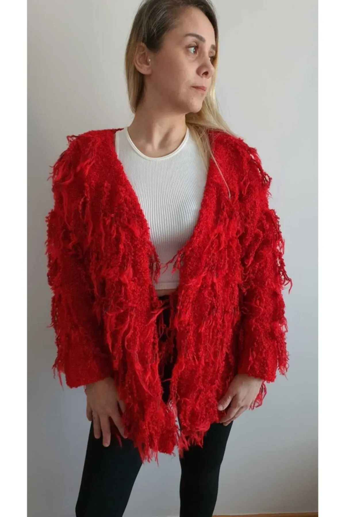 

Women's Cardigan Red Tasseled Casual Knitted High Quality Fashion Cardigan Sweaters Loose Sweater Jumper