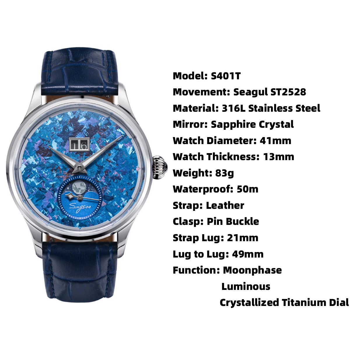 Мужские часы Sugess Moonphase ST2528 с автоматическим механическим механизмом, водонепроницаемые, с сапфировым стеклом, титановым циферблатом S401 (art.: 3920dada0cb25) - 3920dada0cb25