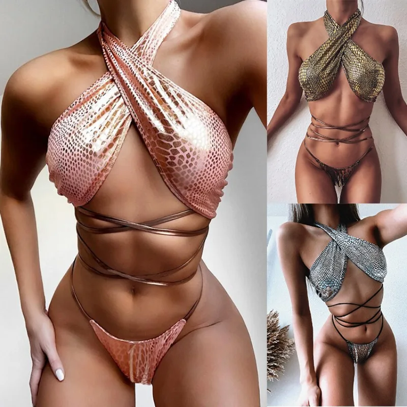 

Women's Neon Shiny Hologram Strappy Bikini Sexy Halter Wrap Around Swimwear Thong Bathing Suit
