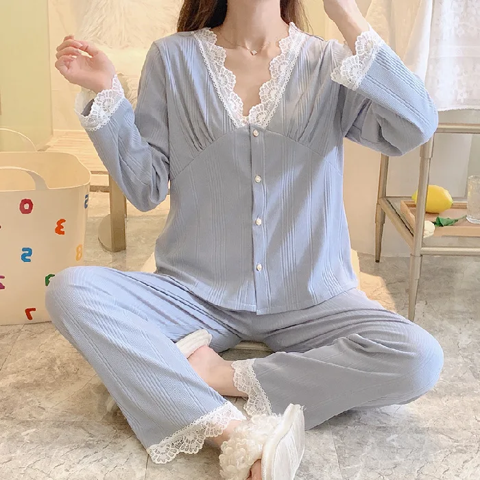 Sexy Pajamas Women's Spring Long Sleeved Cardigan Lace V-neck Fashion Home Clothes Combed Cotton Sleepwear Lady Sleepwear