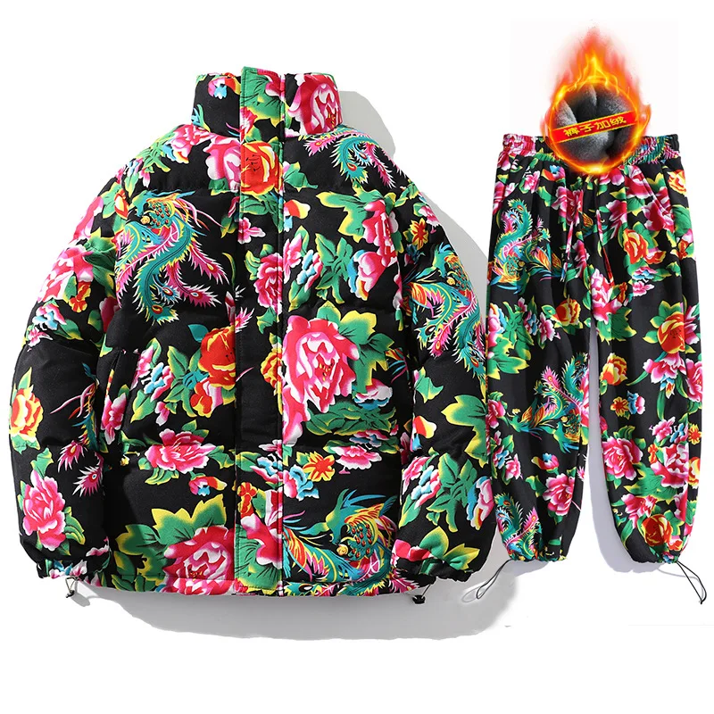 Men's Winter Cotton Padded Jacket Ethnic Style Cotton Jacket Inner Fleece Pants Chinese Style Northeast Blossom Cloth