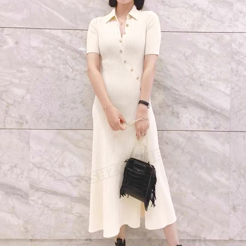 

2022 Spring And Summer Fashion New Style Asymmetric Side Seam Polo Neck Short Sleeve Slim Fitting Knitted Women's Long Skirt