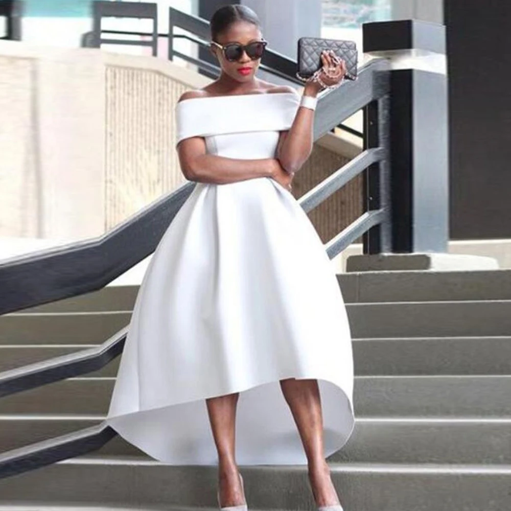 

White Cocktail Satin Women's Sexy Off Shoulder Front Short Back Long Evening Dresses Pleated 2023 Vestidos De Mujer Soirée 2022