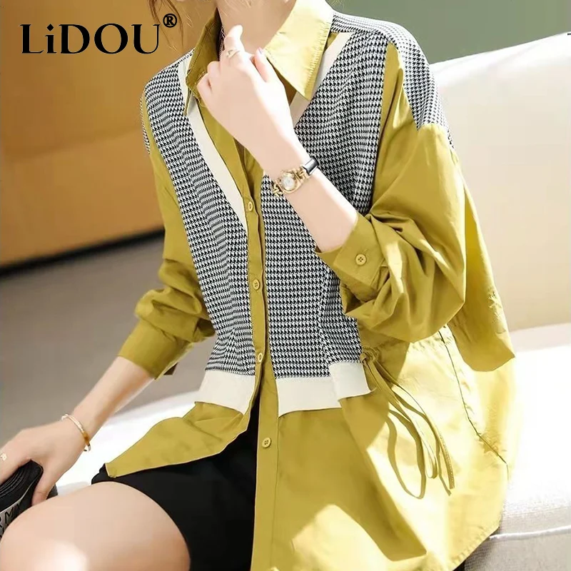 Повседневная Блузка в клетку стиле пэчворк на весну и осень Женская модная