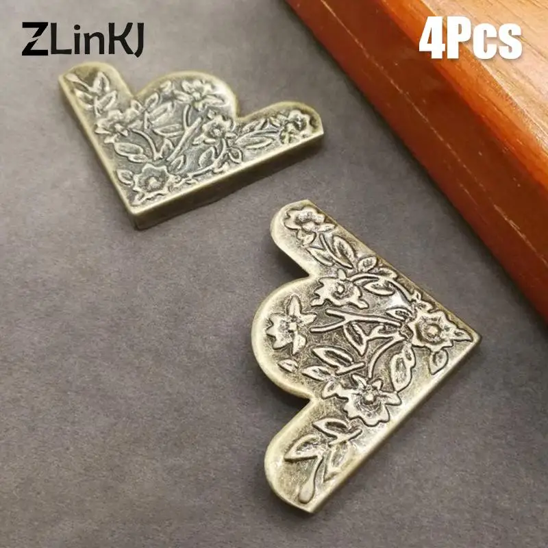 

4PCS Antique Corner Brackets Protector Decorative Flower Carved Metal Wrap Angle Jewelry Box Corner Code Angle Furniture Fitting