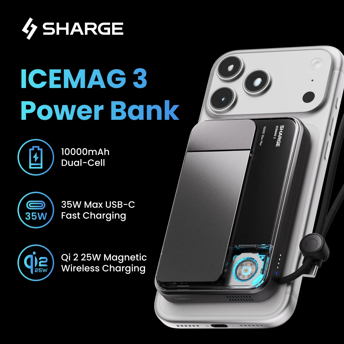 Фото Магнитный беспроводной внешний аккумулятор SHARGE ICEMAG 3, 10000 мАч, Qi2.2, быстрая зарядка 25 Вт, портативная батарея для iPhone, кабель USB-C №1