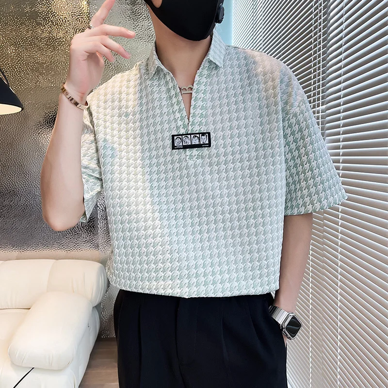 Brand Plaid Pullover Shirts for Men 2022 Summer Short Sleeve Loose Casual Shirt V Neck Streetwear Oversized Shirt Chemise Homme