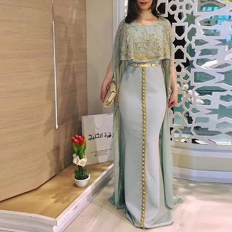 Gray Moroccan Kaftan Evening Dresses Gold Lace Appliques Cape Style Prom Dresses Saudi Arabia Robe De Soiree Party Dress