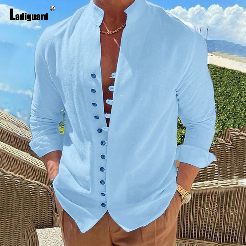 

Рубашка Ladiguard мужская с длинным рукавом, элегантная одежда, однобортный Топ, Повседневная пляжная блузка, 2023