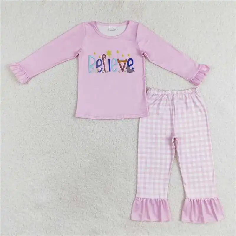 New Fashion Christmas Nativity Baby Boys Girls Blue Lace Long Sleeve Plaid Trouser Suit Wholesale Boutique Children Clothes