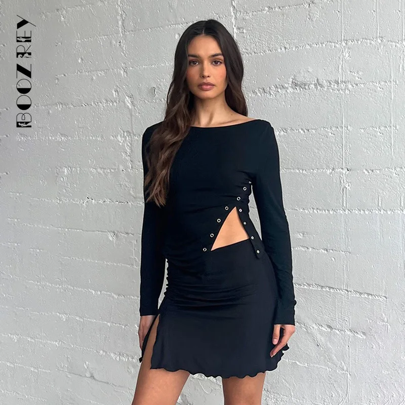 

BoozRey New Casual Y2K O-Neck Long Sleeve Slim Basic T Shirt Women 2023 Summer Fashion Solid Button Split Sexy Streetwear Top