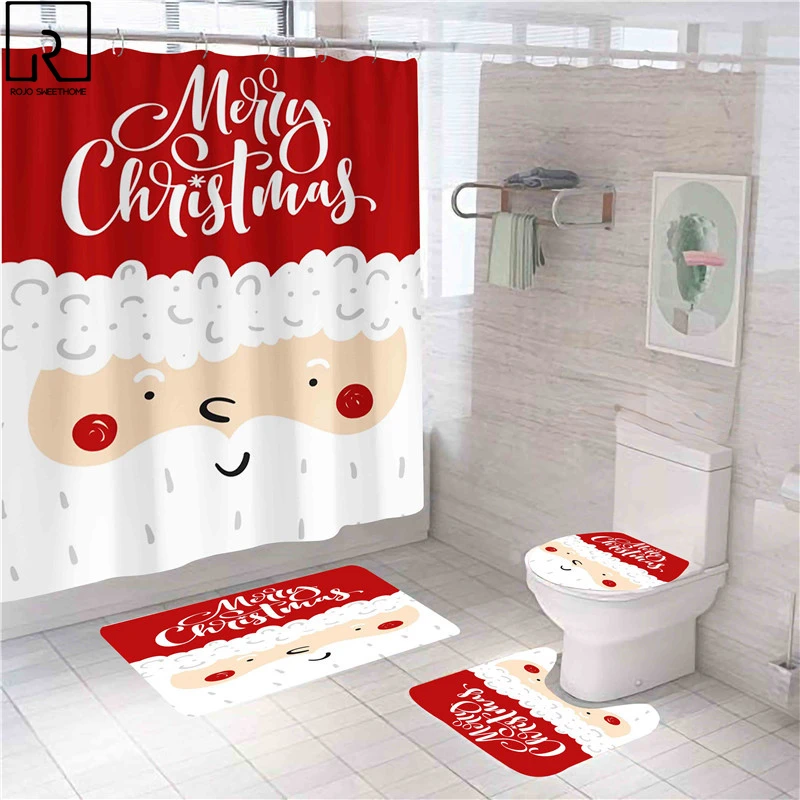 

Happy Christmas Shower Curtain Polyester Water Absorption Bath Mat Set Toilet Screen Cartoon Santa Festival Bathroom Decoration