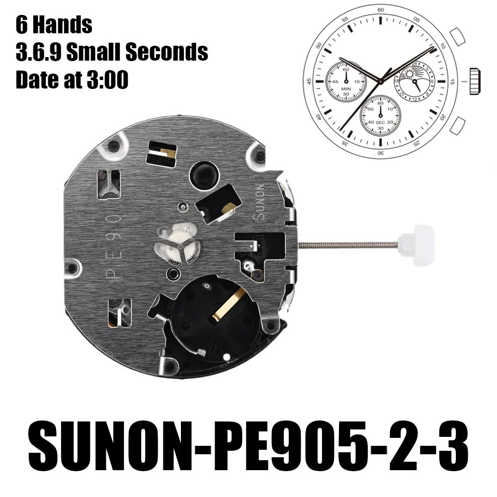 Механизм PE905 sunon PE905-2 Mov Milf 6 стрелок Солнце и Луна 3 9 Малые секунды Дата в 3:00 PE905-2-3