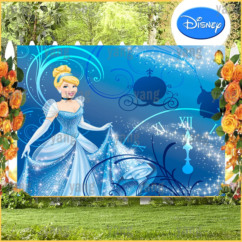 

Custom Cartoon Disney Lovely Cinderella Princess Romantic Blue Glitter Backdrop Birthday Party Decoration Photography Background