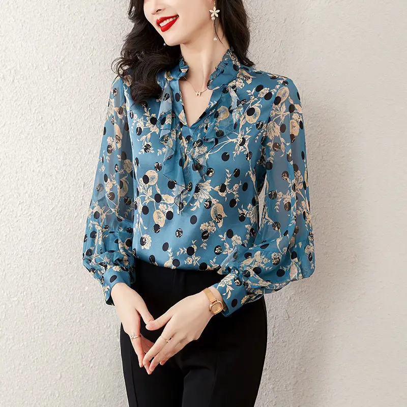 

Printed Chiffon Shirt Women's Spring New Long Sleeve Blouse Standing Collar Collar Bottoming Top Blusas