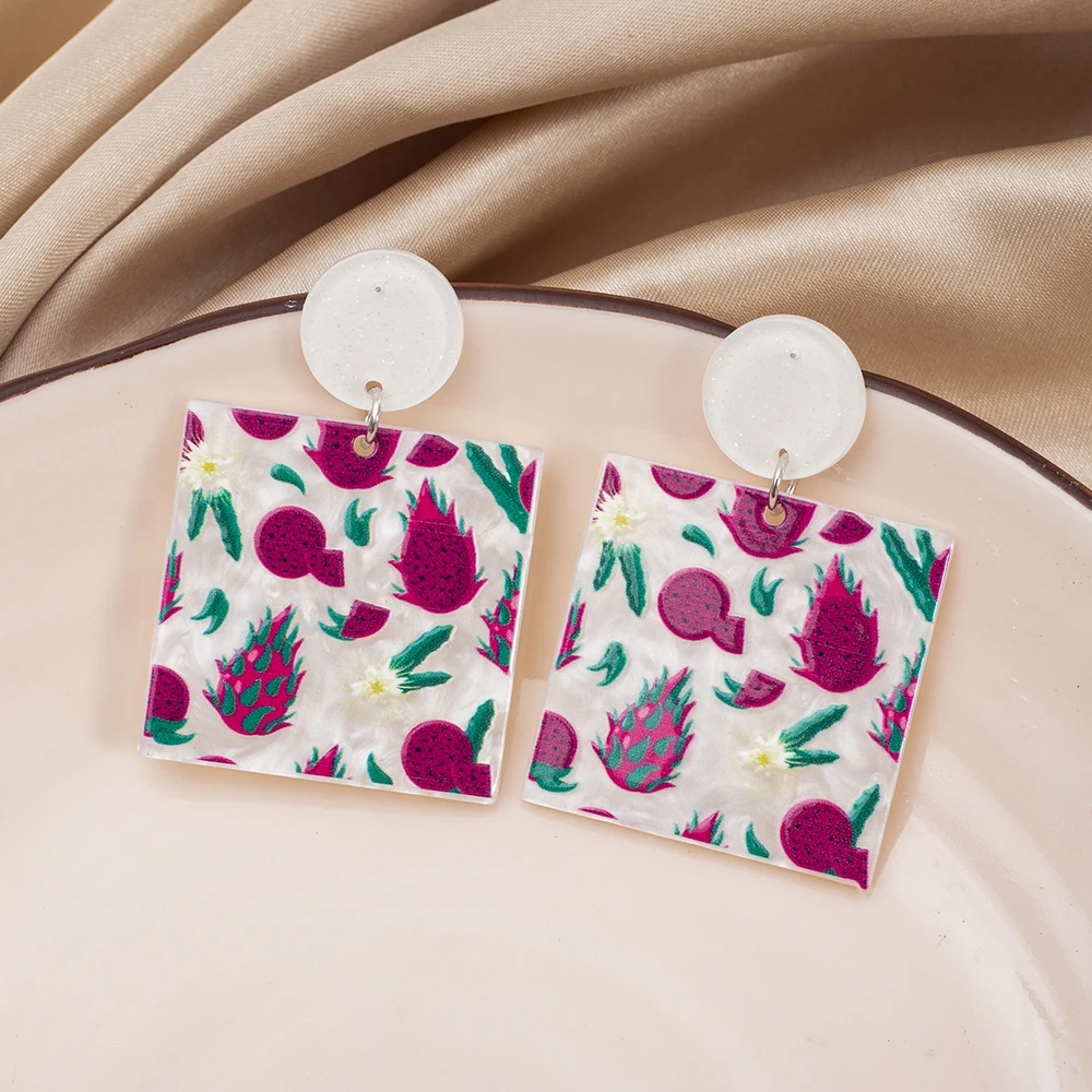 Новые модные квадратные акриловые висячие серьги с рисунком питаи фруктов для