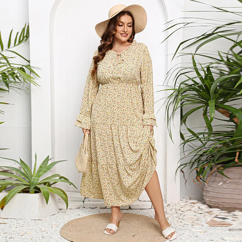 2022 Plus Size Printed Dress French Holiday Style Autumn Winter Lace Round Neck Petal Sleeve Printed Elegant Women's Dress