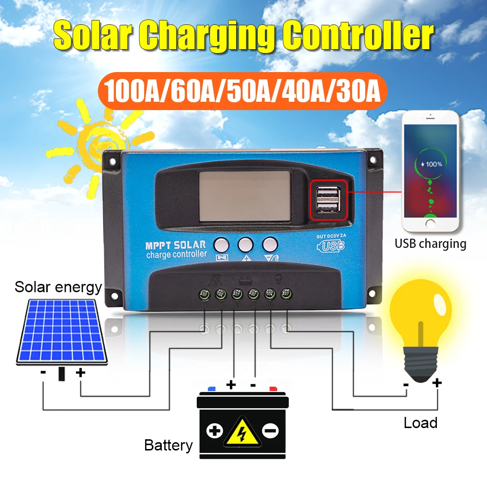 Контроллер заряда солнечной батареи MPPT 30/40/50/60/100A двойной USB ЖК-дисплей 12/24 в