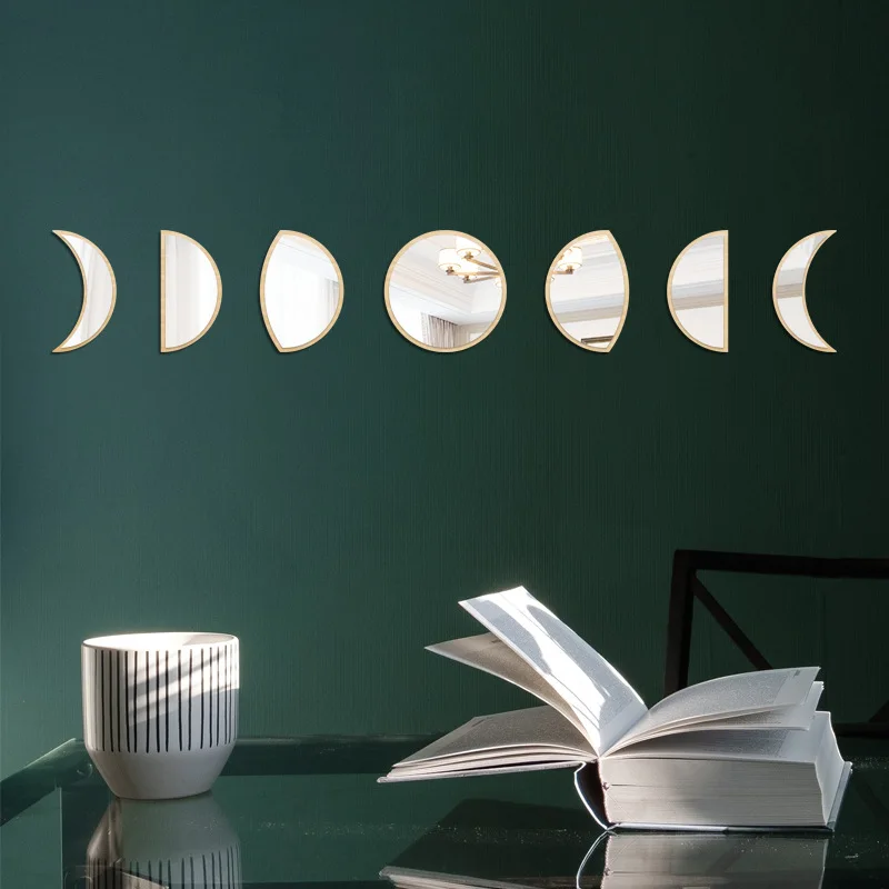 

7pcs/set Ins Wooden Acrylic Moon Mirror Wall Stickers Moon Cycle Change Lunar Eclipse Decorative Wall Mirror Moon Phase Mirror