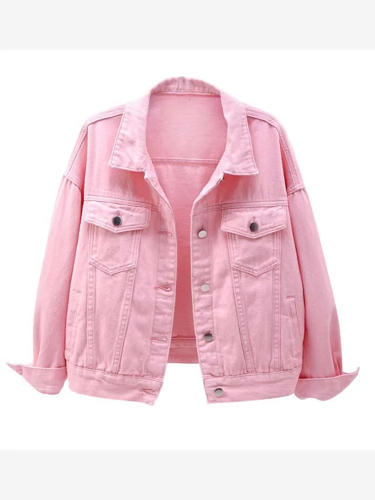 

JESSIC Women's Plus Size Denim Jacket Spring Autumn Short Coat Pink Jean Jackets Casual Tops Purple Yellow White Loose Outerwear