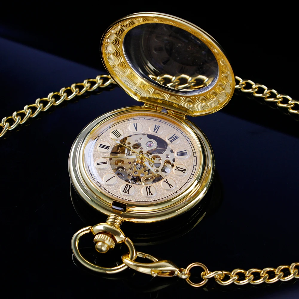 New Gold Transparent Roman Digital Mechanical Pocket Watch Vintage Hollow-Out Case Analog Skeleton Men's Mechanical Pocket Watch