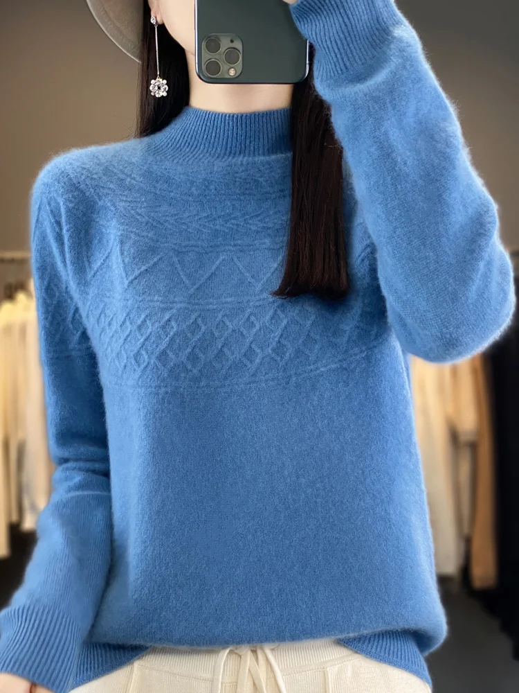 

Long Sleeve Pullovers 2023 Fashion 100% Merino Wool Traf Tops Women Sweater Mock Neck Jerseys Autumn Winter Clothing Knitwear